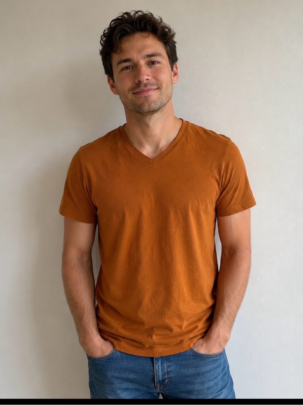 H&M Men's V-Neck Tee in Rust Orange